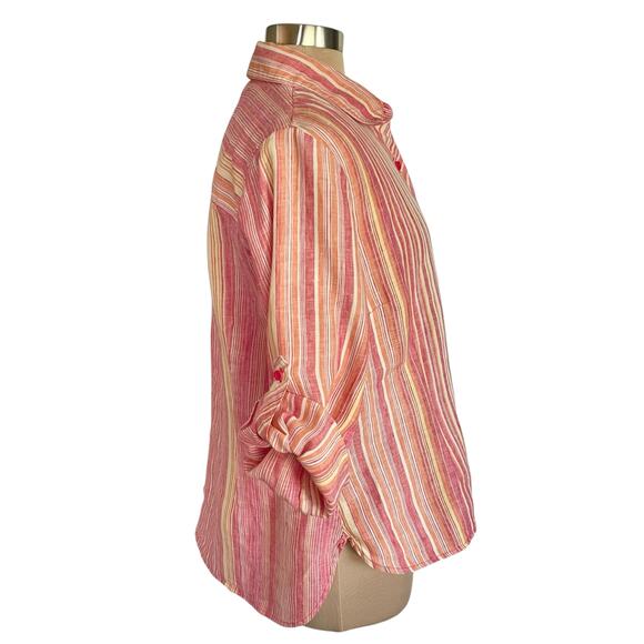 Coldwater Creek 100% Linen Striped Button Up Top Roll Tab Sleeve Sz LARGE Casual - Picture 3 of 8